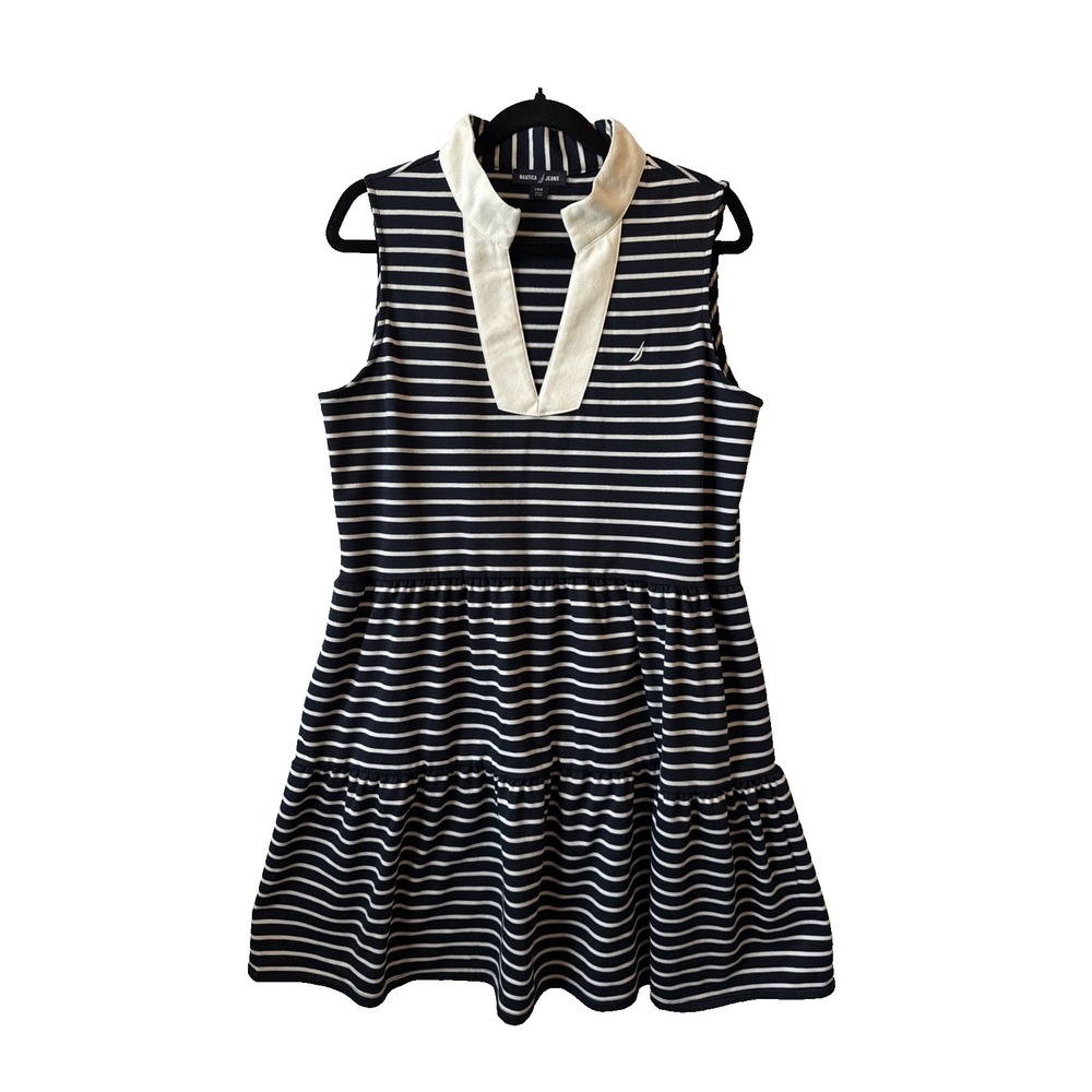 Nautica Jeans Navy Striped Sleeveless Tiered Pocket Dress L Nautical Preppy Chic